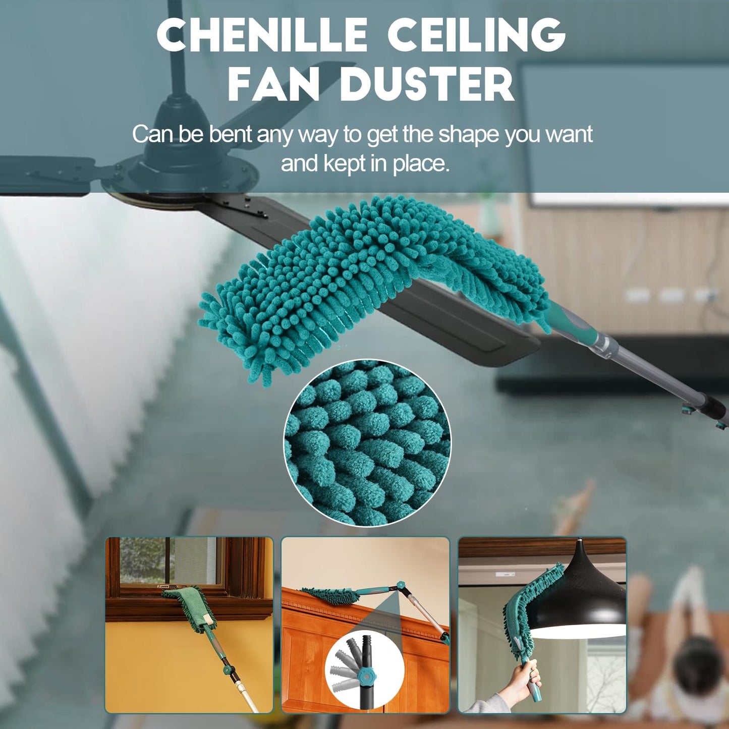 TelesPro 20 Foot High-Reach Duster Kit with 5-12FT Extendable Pole - High Ceiling Duster Cleaning Kit with Telescopic Pole,Cobweb Duster, Chenille Ceiling Fan Duster, Microfiber Feather Duster