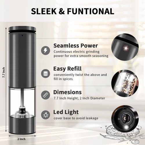 Electric Salt and Pepper Grinder Set Stainless Steel Salt and Pepper Mill Led Light Automatic One Handed Operation Rechargeable Adjustable Shakers Ceramic Rator 2 Pack Black Stainless Steel