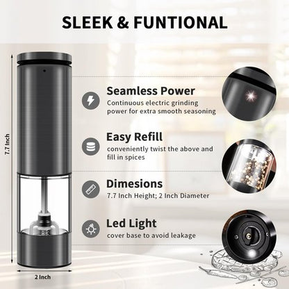 Electric Salt and Pepper Grinder Set Stainless Steel Salt and Pepper Mill Led Light Automatic One Handed Operation Rechargeable Adjustable Shakers Ceramic Rator 2 Pack Black Stainless Steel