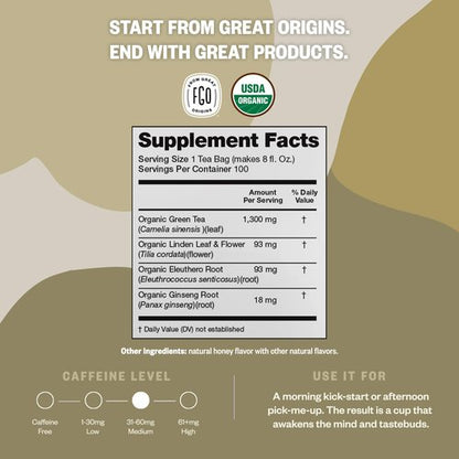 FGO Organic Honey Ginseng Green Tea, 20 Count, Eco-Conscious Tea Bags, Resealable Bag, Packaging May Vary (Pack of 1)
