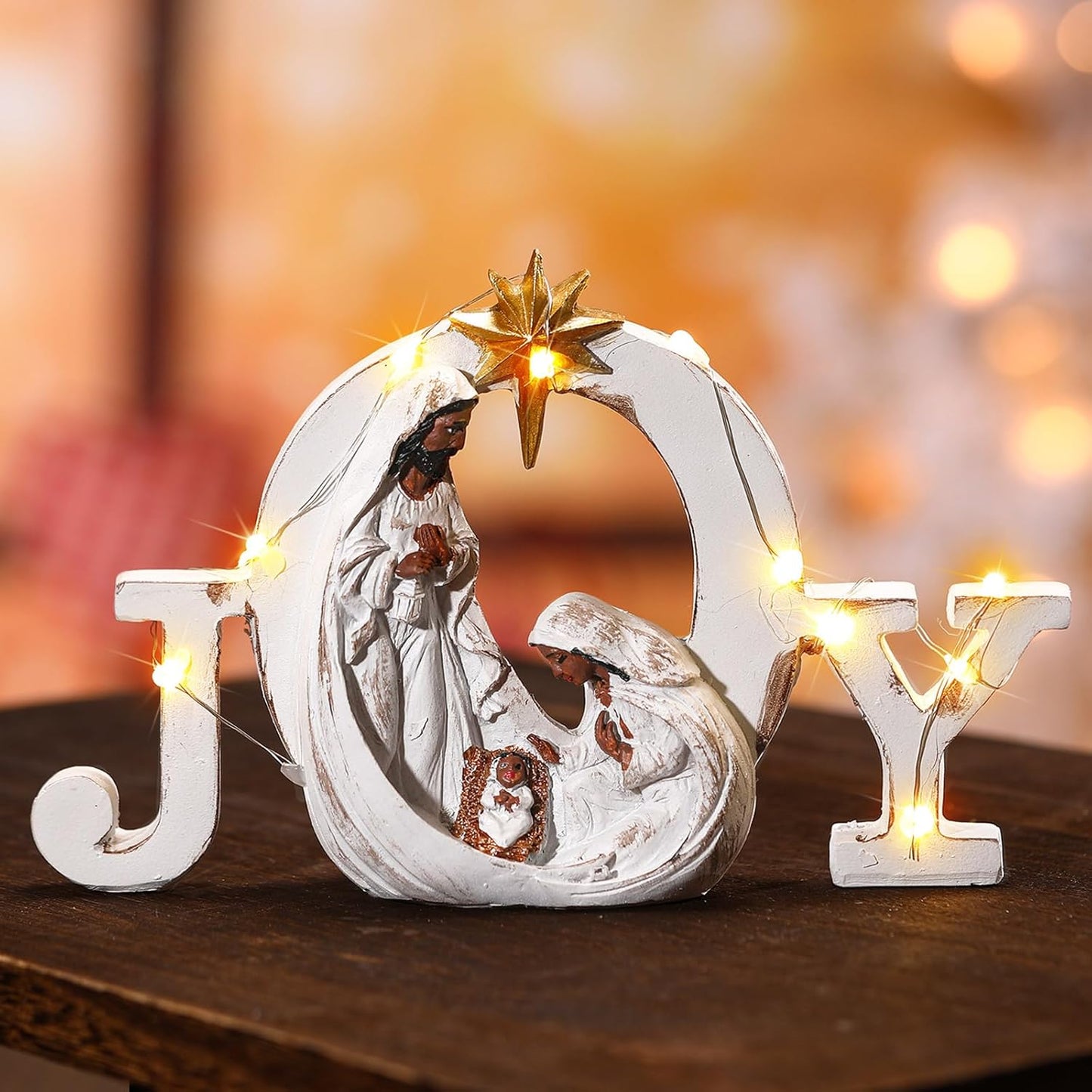 Soaoo Christmas Nativity Scene - LED String Lights & Holy Family Figure Set | Indoor Tabletop Decor (Black)