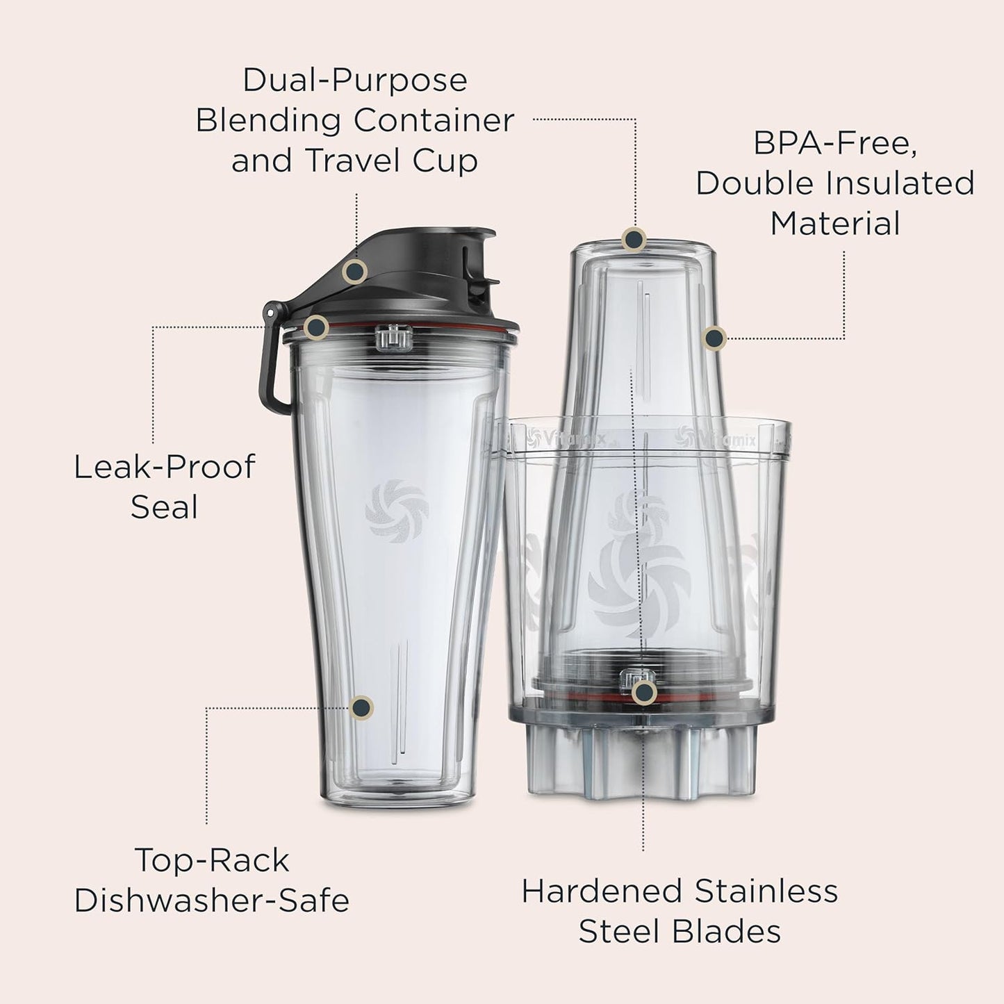 Vitamix Personal Cup Adapter - BPA-Free, Dishwasher-Safe with Two 20-Ounce Blender Cups & Lids