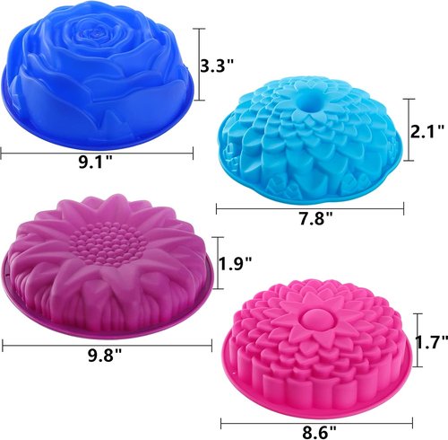 DEAYOU Silicone Cake Molds - 4 Pack Flower Shape Non-Stick Baking Trays for Brownies & Tarts