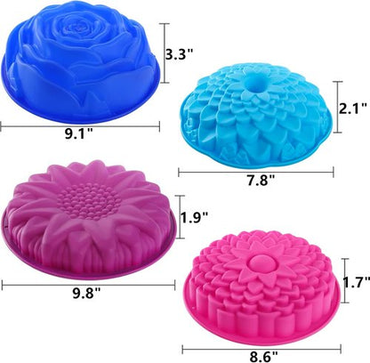 DEAYOU Silicone Cake Molds - 4 Pack Flower Shape Non-Stick Baking Trays for Brownies & Tarts