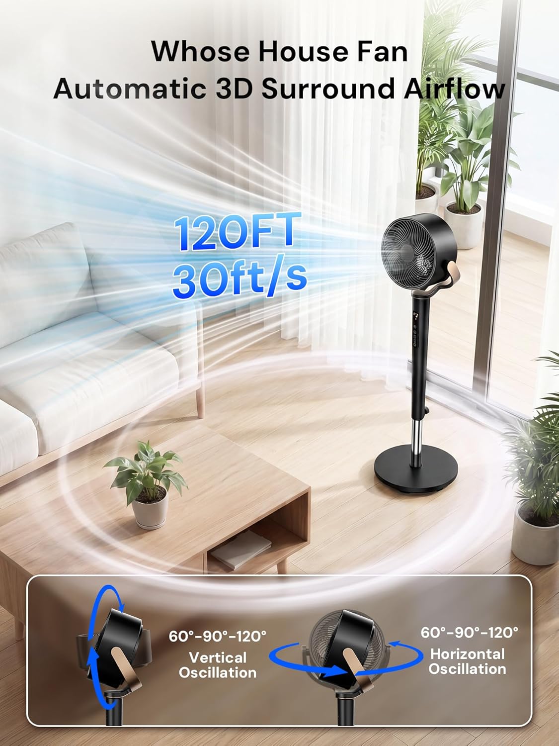 Uthfy Oscillating Fan - 120° Full-Automatic Oscillation, Quiet DC Motor, Remote Control, 16 Speeds, Black