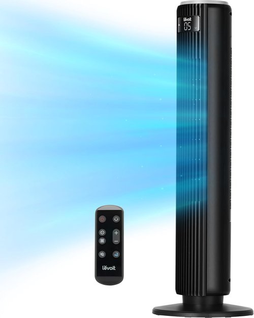LEVOIT Tower Fan - 36-Inch Standing Fan with 25ft/s Airflow, 90° Oscillation, Quiet 28dB, Remote Control, 12H Timer, 5 Speeds - Black