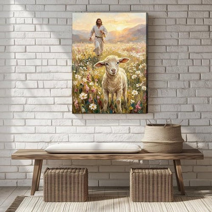 Jesus and Lamb Canvas Wall Art - Inspirational Christian Decor for Living Room | 12x16in Framed Print