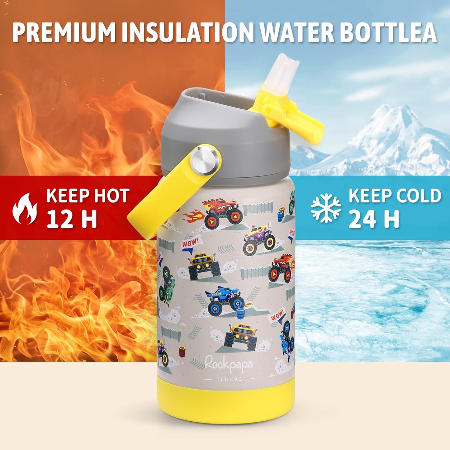 Rockpapa 14 Oz Kids Insulated Water Bottle - Stainless Steel, BPA-Free, Leak-Proof | Grey Trucks Design