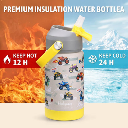 Rockpapa 14 Oz Kids Insulated Water Bottle - Stainless Steel, BPA-Free, Leak-Proof | Grey Trucks Design