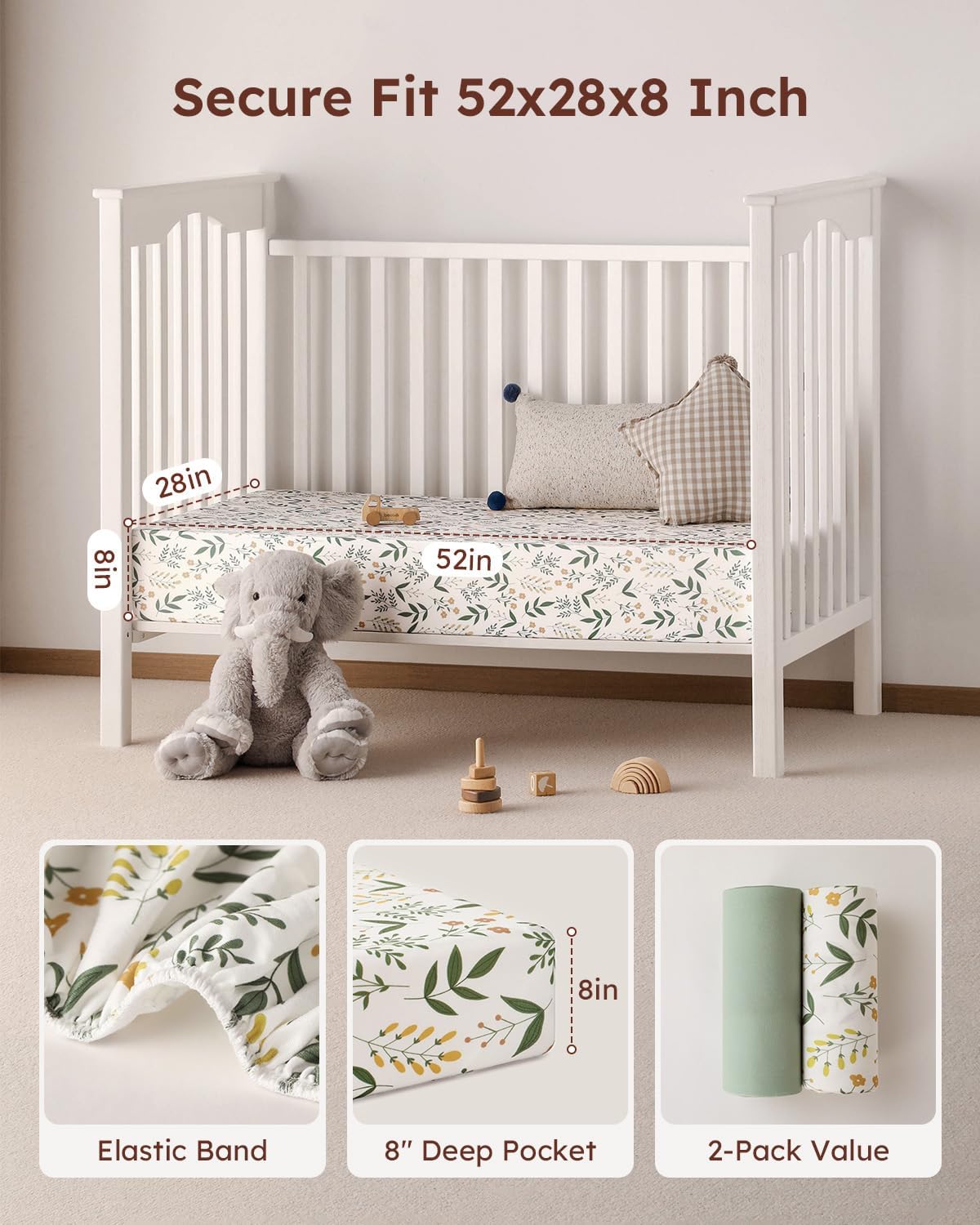 Yoofoss Baby Crib Sheets - Ultra Soft 2-Pack Fitted Sheets for Standard Cribs | Green Flower Design, 52x28