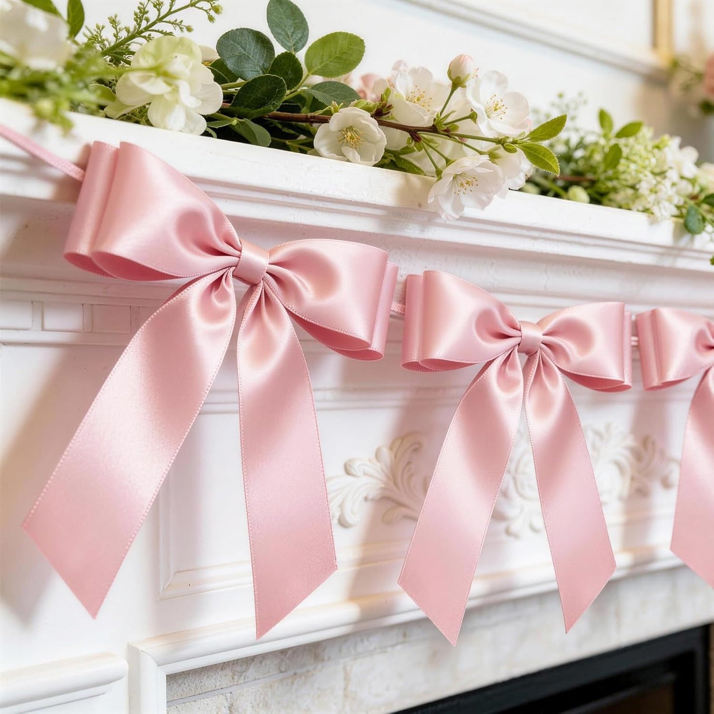 Skiennix Pink Bow Garland Banner - 8 Pre-Strung Double-Layer Satin Ribbon Bows | Reusable Valentine's Day Decor for Baby Showers & Parties