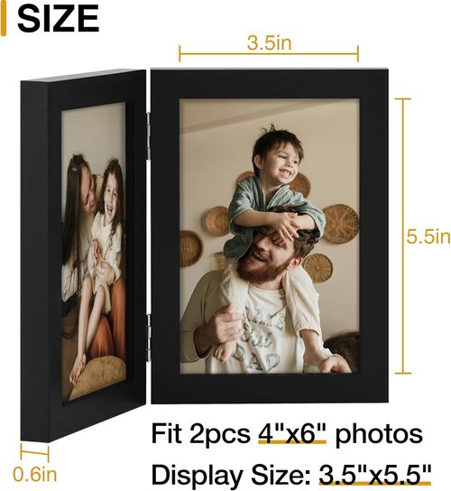 decorUhome 4x6 Vertical Picture Frame - Engineered Wood Bifold Design with Plexiglass for Tabletop Display | Black