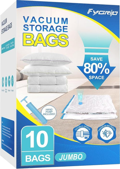 Fygrip Vacuum Storage Bags - Space-Saving Jumbo Seal Bags with Hand Pump for Clothing & Travel | 10-Pack