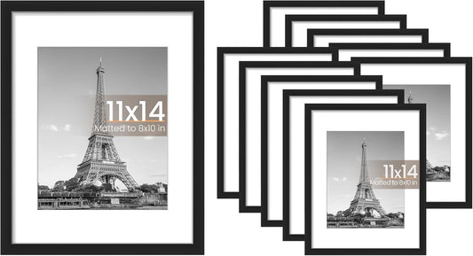 Upsimples 11x14 Picture Frame - Display 8x10 Photos with Mat or 11x14 Without Mat | Black Wall Hanging Decor