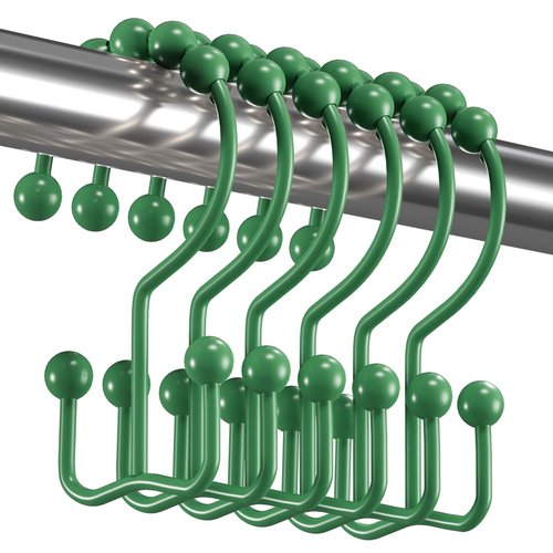 Titanker Shower Curtain Hooks Rings, Rust-Resistant Metal Double Glide Shower Hooks for Bathroom Shower Rods Curtains, Set of 12 Hooks - Emerald Green