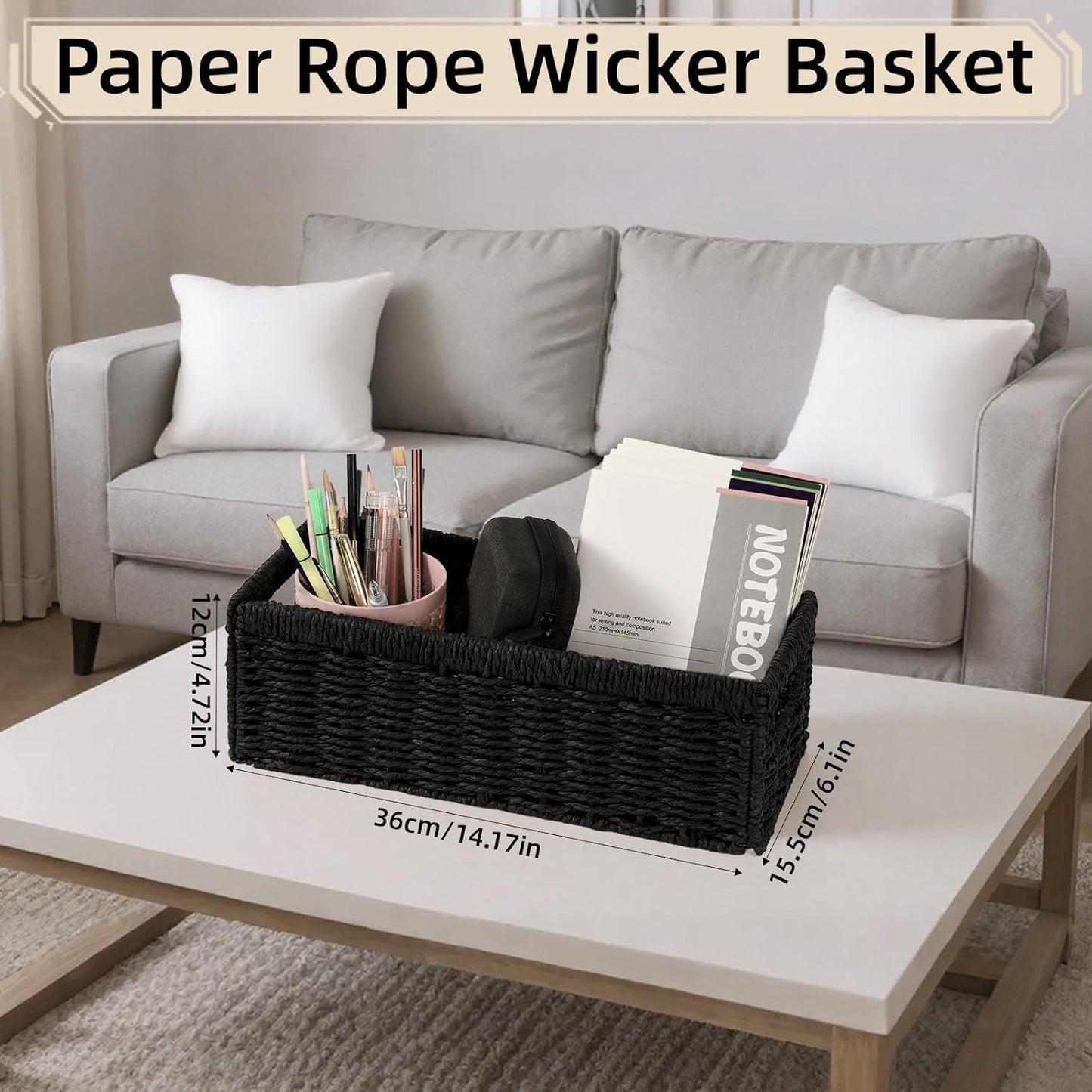 Paper Rope Storage Basket - 2 Pack Foldable Wicker Bins with Handles | Large Decorative Organizers for Bathroom