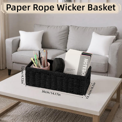 Paper Rope Storage Basket - 2 Pack Foldable Wicker Bins with Handles | Large Decorative Organizers for Bathroom