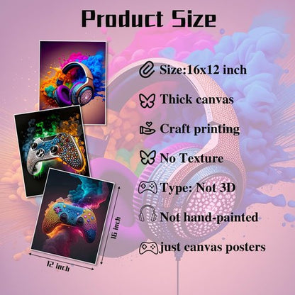 Gaming Room Canvas Wall Art Set of 3 - Vibrant Game Posters for Boys' Room | Unframed 12x16 In