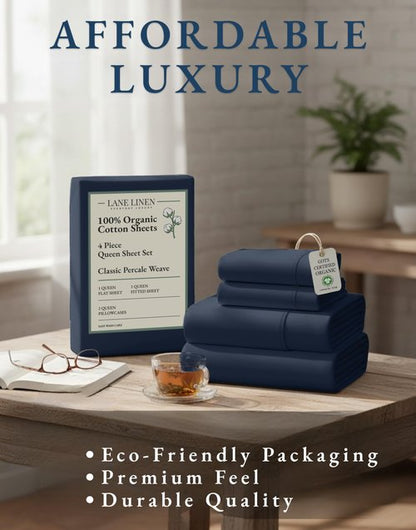 LANE LINEN Eco Friendly 100% Organic Cotton Bed Sheets Queen Size, Soft & Comfy Percale Weave, Fully Elasticized Mercerized Naturally Cooling Cotton Sheets Queen Size Set- Navy