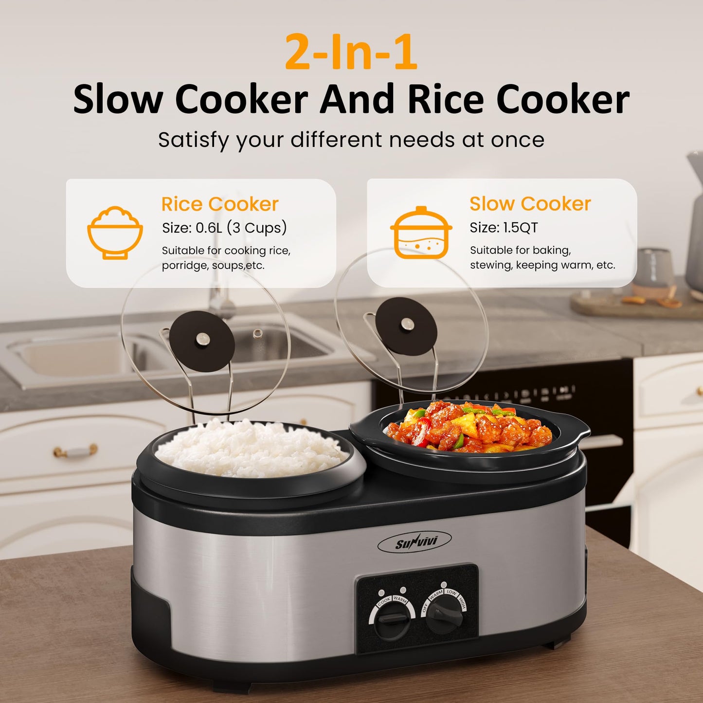 SUNVIVIPRO 2 in 1 Stainless Steel Slow Cooker and Rice Cooker, Multi Slow Cooker with Ceramic Pot & 3 Cup Rice Cooker, Non-Stick Aluminum Pot & Indicator Lights, Dual Control Knob, 1.5 QT