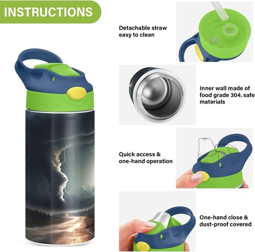 Black Tornado Kids Water Bottle - 12oz Insulated Stainless Steel, BPA Free, Leak-Proof, Green