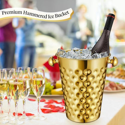 2 Pcs Gold Metal Champagne Ice Bucket 4.7 L Stainless Steel Doublewall Wine Ice Bucket for Bar, Party, Wedding, Banquet, Outdoor, BBQ(Hammer Texture)