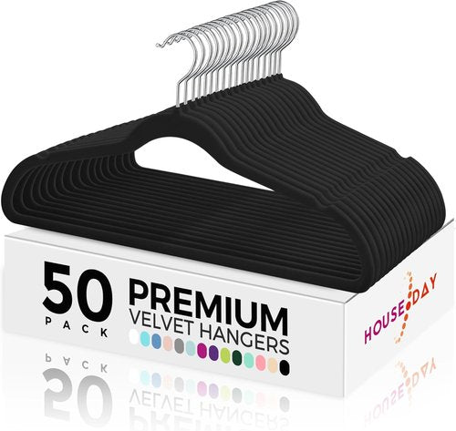 HOUSE DAY Premium Velvet Hangers - 50 Pack Black Non-Slip Flocked Felt Hangers for Space Saving