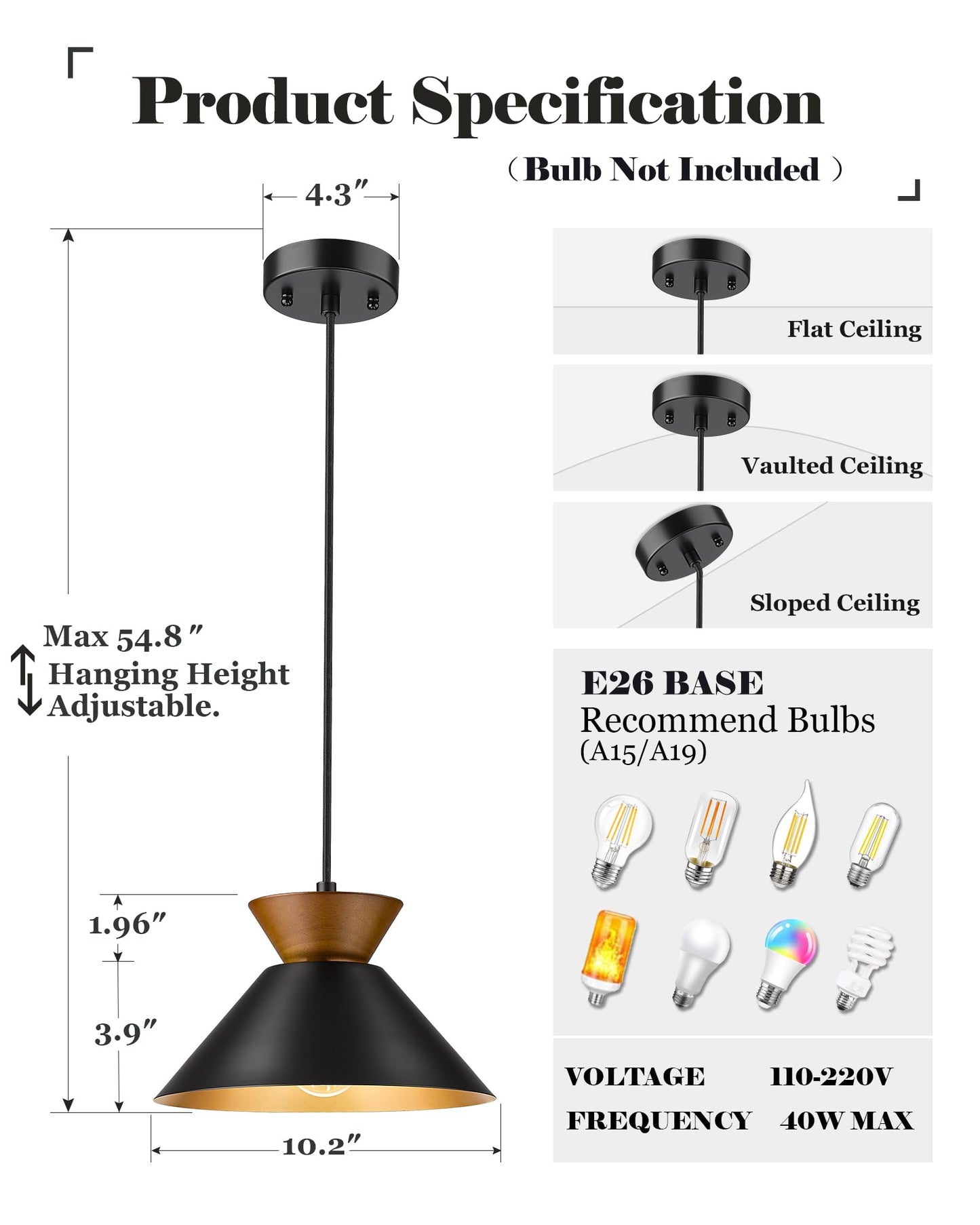 ELYONA 3 Pack Modern Pendant Lights Kitchen Island, Solid Wood Hanging Lamp with Matte Black Metal Shade & Gold Inner Finish, Farmhouse Pendant Light Fixtures for Dining Room, Bedroom, Living Room