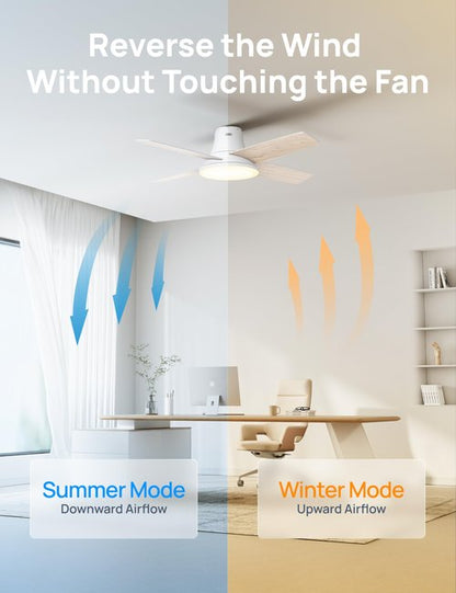 DREO Ceiling Fans with Lights, 12 Speeds & 3 Fan Modes, Quiet DC Motor, Low Profile Easy to Install, Flush Mount Smart Ceiling Fan with Dimmable LED, 12H Timer for Bedroom, Remote, White, 44''