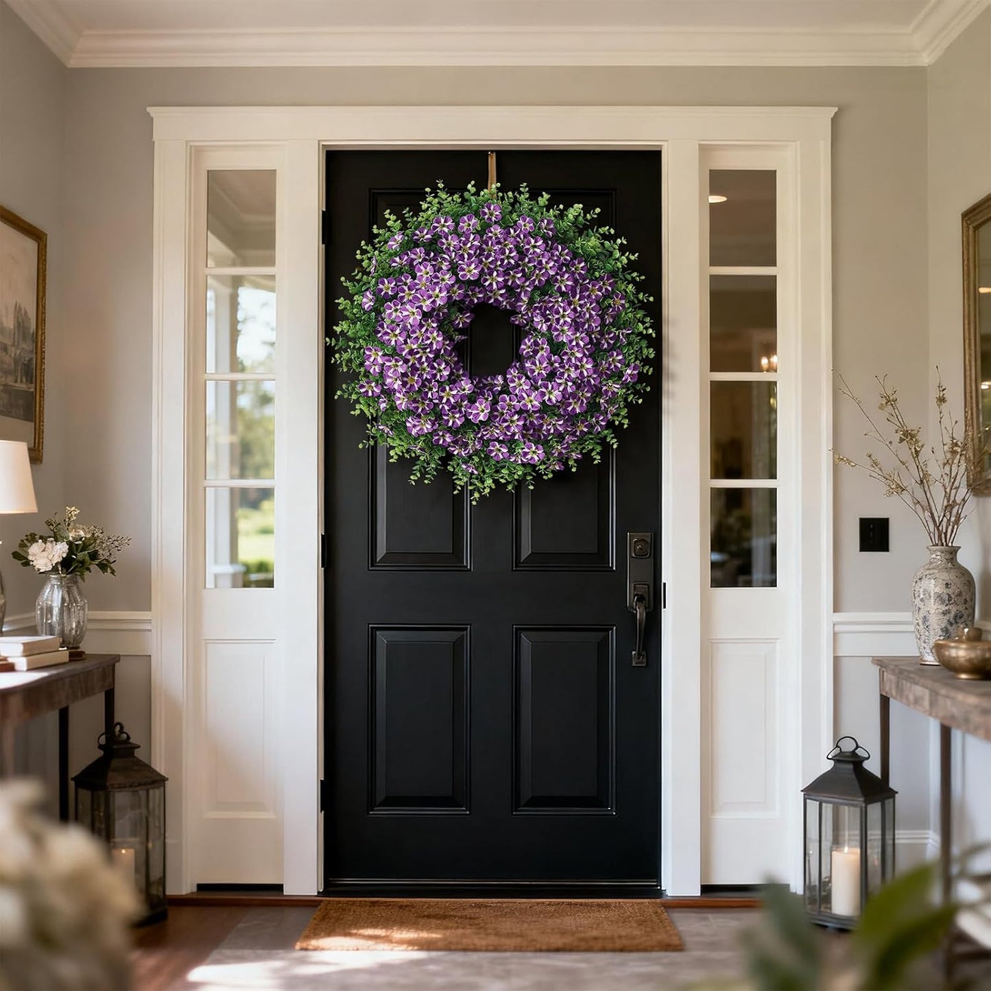 Skiennix 26" Large Artificial Eucalyptus Wreath - Realistic Faux Silk Morning Glory Flowers for Home & Wedding Decor (Purple)