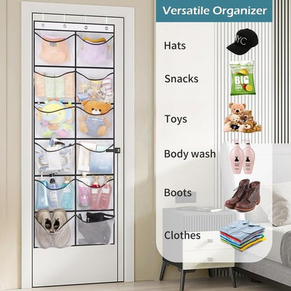 KIMBORA Over The Door Shoe Organizer - 12 Large Mesh Pockets for Boots | White Hanging Storage Rack