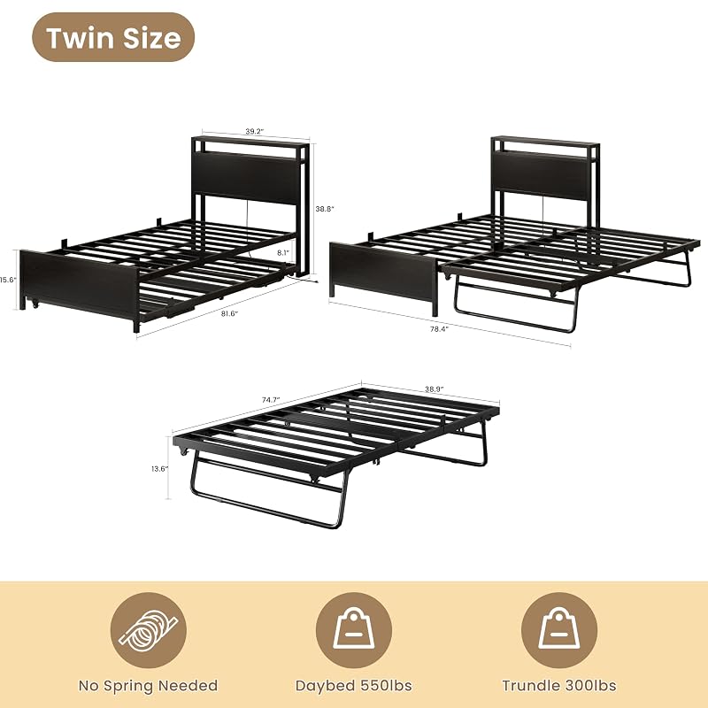 IRONCK Twin Daybed with Trundle, Storage Headboard & Charging Station - Black