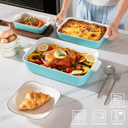 Sweejar Ceramic Baking Dish Set - Versatile Porcelain Casserole Dishes with Handle for Lasagna & Brownies | Turquoise