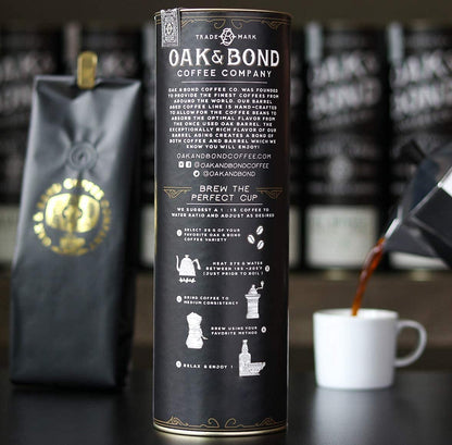 Espresso Bourbon Barrel Aged Coffee, Colombia & Brazil Blend, Whole Bean Arabica, Dark Roast w/ Chocolate, Black Cherry, Toffee, Rich Kentucky Bourbon & Oak Flavors by Oak & Bond Coffee Co. – 10oz.