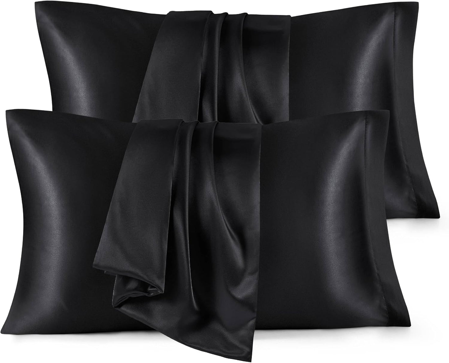 Bedsure Satin Pillowcases - Set of 4 Black Silk Pillow Covers for Hair & Skin | 20x26 Inches, Envelope Closure