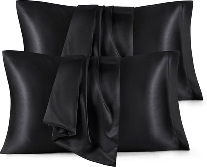 Bedsure Satin Pillowcases - Set of 4 Black Silk Pillow Covers for Hair & Skin | 20x26 Inches, Envelope Closure