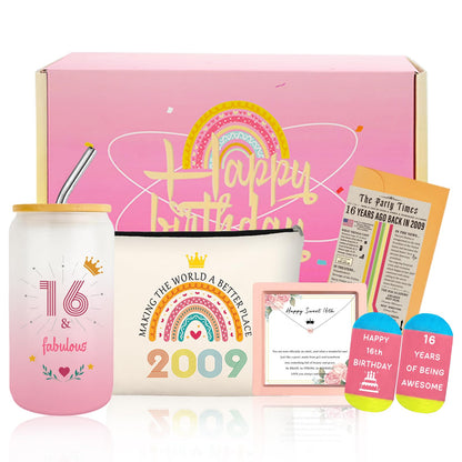 Sweet 16th Birthday Gifts for Girls, Cool 16 Year Old Girl Gift Ideas for Her Granddaughter Daughter Niece Teens, Happy 2009 Sixteen Decorations Presents Basket Glass Cup Sock Makeup Bag Necklace