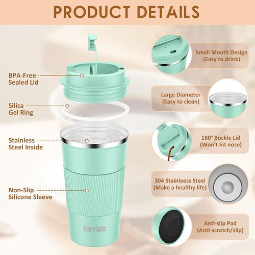 KETIEE 12oz Vacuum Insulated Coffee Mug - Leakproof Stainless Steel Travel Cup for Hot & Cold Beverages
