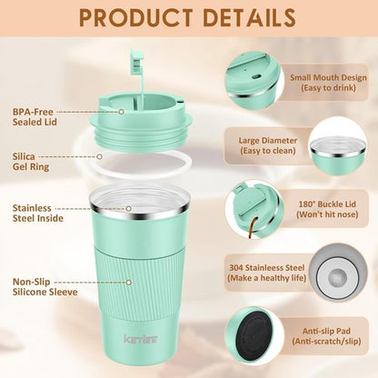 KETIEE 12oz Vacuum Insulated Coffee Mug - Leakproof Stainless Steel Travel Cup for Hot & Cold Beverages