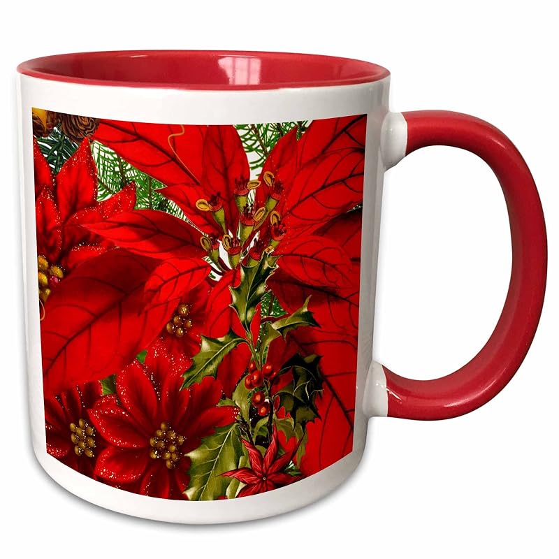 3dRose Christmas Poinsettia Mug - Two-Tone Red 11oz, Red+11 Ounces