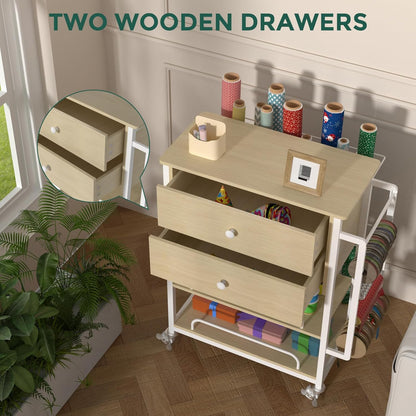 Skiennix Wrapping Paper Organizer - Stylish Craft Cart with Ribbon & Gift Bag Storage | Oak Finish, 2 Drawers