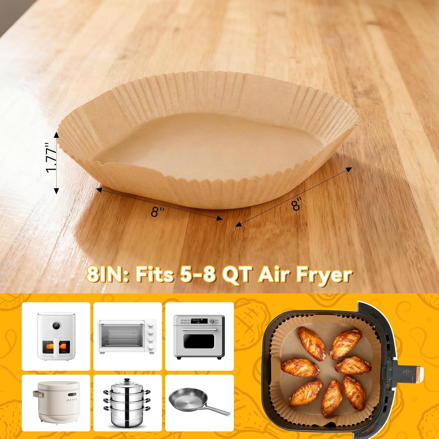 Skiennix Air Fryer Paper Liners - 400 Pcs Unbleached Non-Stick Parchment | 8-Inch Square Size