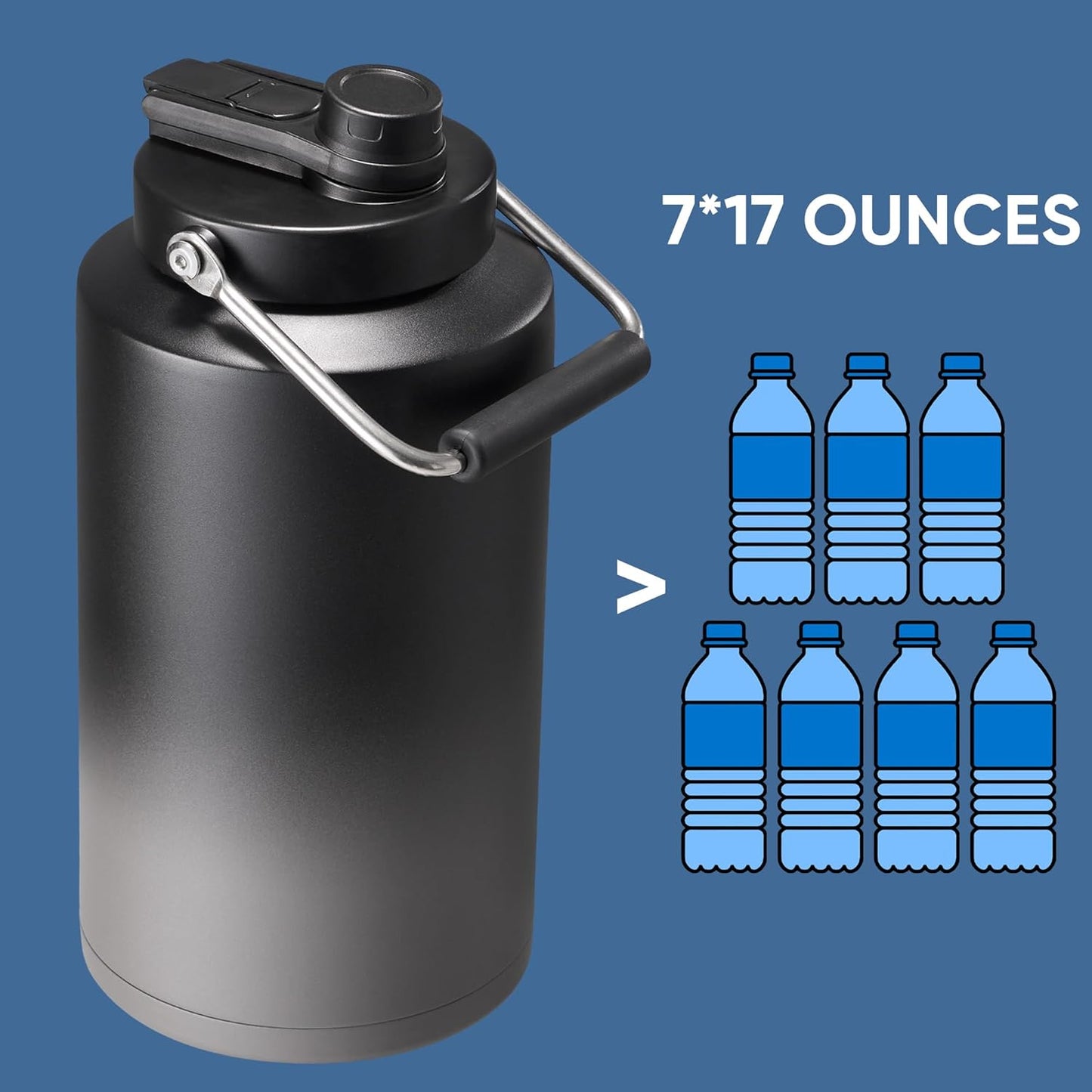 Skiennix One Gallon Insulated Water Bottle - 2-in-1 Straw & Spout Lid, Leakproof, 128oz, Black & Grey
