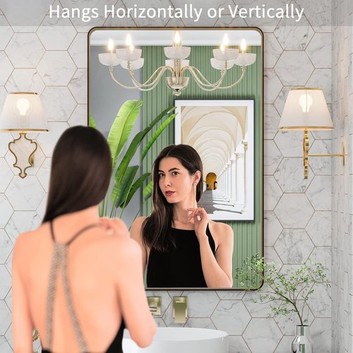LOAAO Bronze Bathroom Mirror - 24”X36” Rounded Rectangle with Anti-Rust Brushed Metal Frame | Versatile Hanging Options