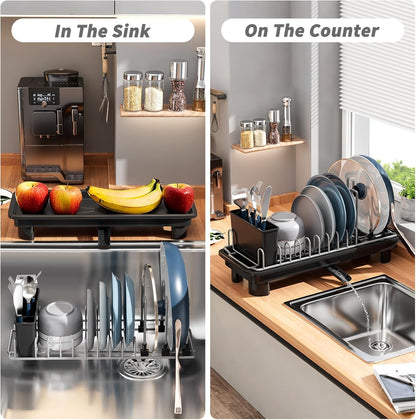 SanDream Dish Drying Rack - Stainless Steel with Removable Utensil Holder & Anti-Scratch Base | Space-Saving Design, Black