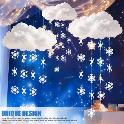 Wettarn 3D Large Winter Cloud Decorations - 18 Pcs Hanging Ornaments with Snowflakes for Party Decor