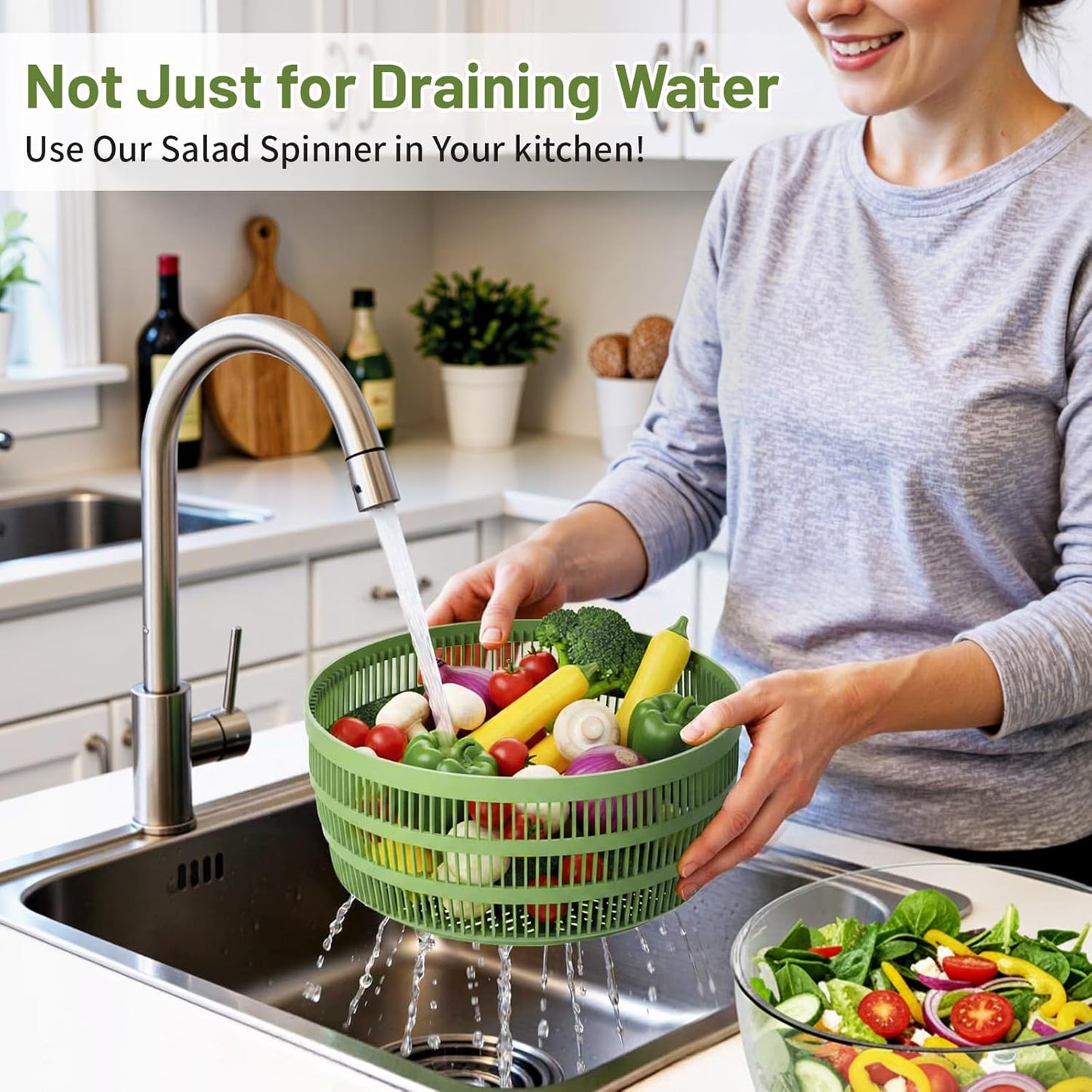 Salad Spinner - Skiennix 5.3 QT Lettuce Spinner with Strainer & 4 Replaceable Blades | Green