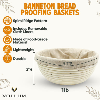 Vollum Banneton Bread Proofing Basket - Handwoven Rattan Cane for Artisan Sourdough | 8.5 x 3 In, 1-Pound Round