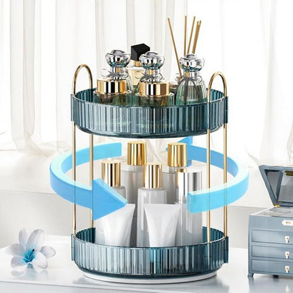 INVSSENE 360° Rotating Makeup Organizer - Large Capacity Vanity Shelf for Cosmetics & Skincare (Blue, 2 Tiers)