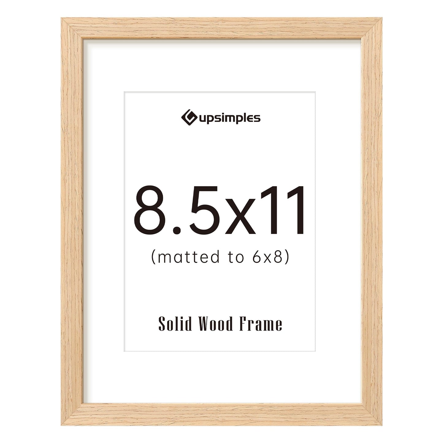 upsimples 8.5 by 11 Picture Frame, Natural Solid Wood Picture Frames, Display 6x8 with Mat or 8.5 x 11 Without, Wall or Tabletop, 1 Pack, Natural